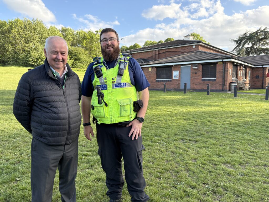 Commissioner Ben Adams stood in the park with PCSO Chad Carrington