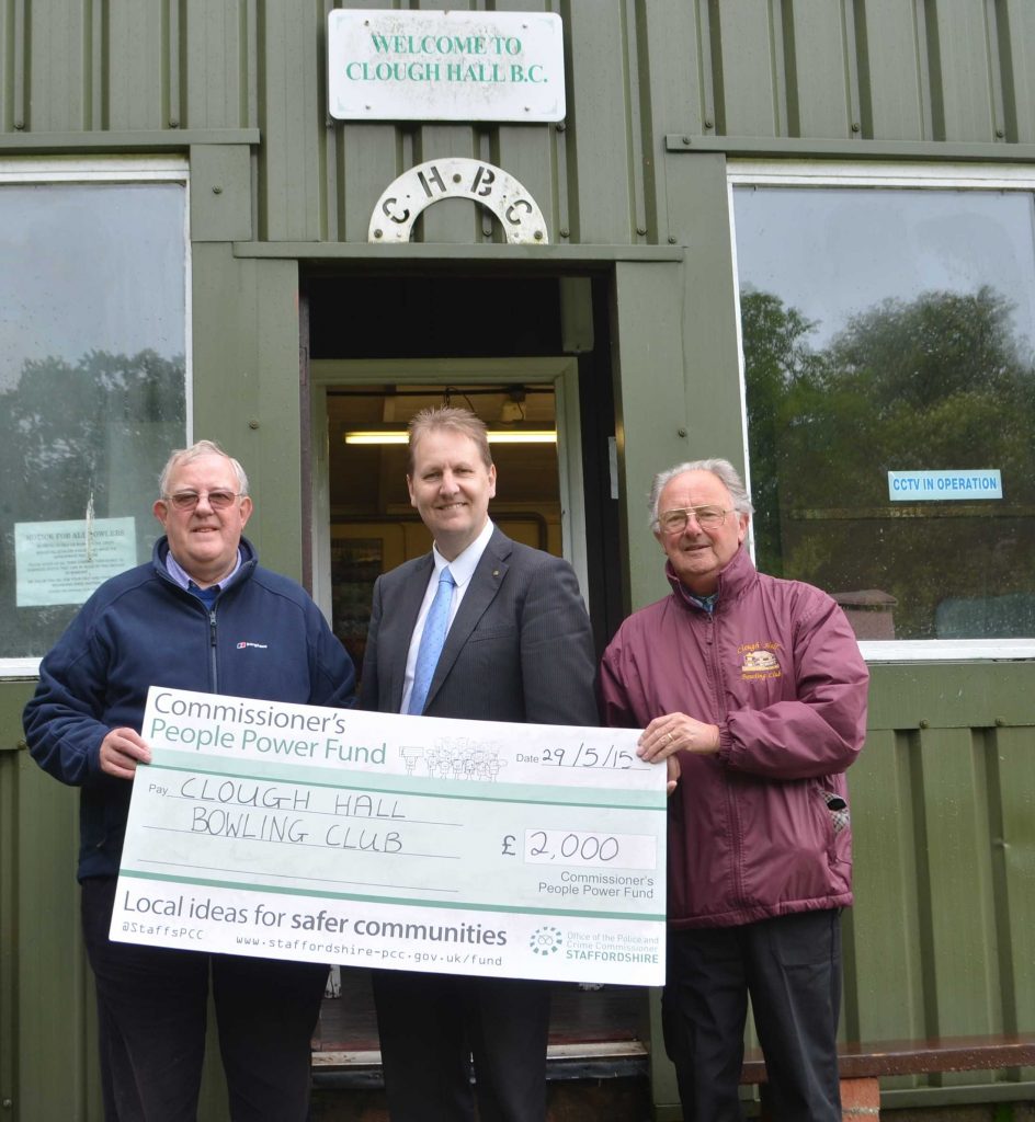 PCC Matthew Ellis with Micheal Nield honary member at Clough Hall Bowling Club and John Heath subscription secretary