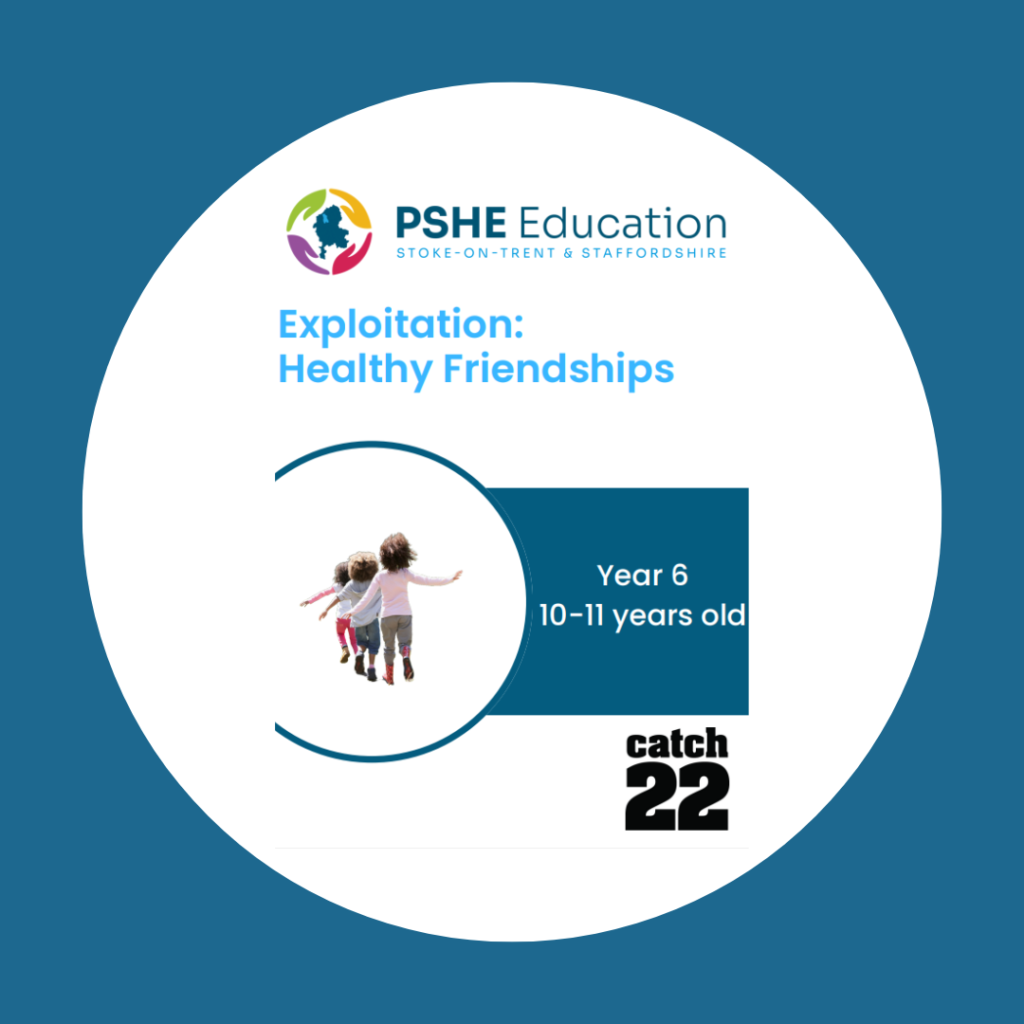 Graphic with image of children and text 'exploitation: healthy friendships'