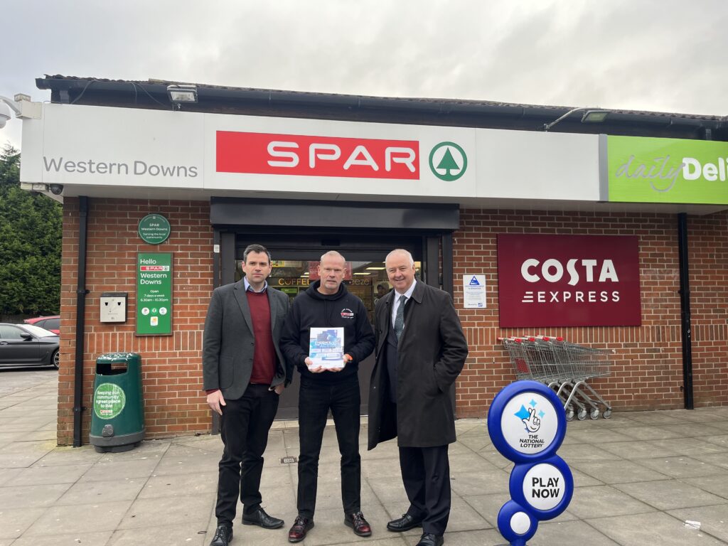 Commissioner Ben Adams outside SPAR in Western Downs with owner Julian Taylor-Green and Government Relations Director Edward Woodall from the Association of Convenience Stores.