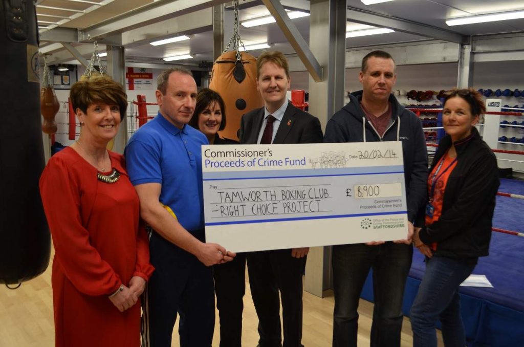 Left to right: Tamworth Boxing Club Liason Manager Claire Keast, Manager Alan Keast, Chief Inspector Sarah Wainwright, PCC Matthew Ellis, IOM Field Officer Neil Quinn and IOM Field Officer Rona Byfield.